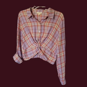 -E & M checked shirt sleeve to roll up size L lilac/pink